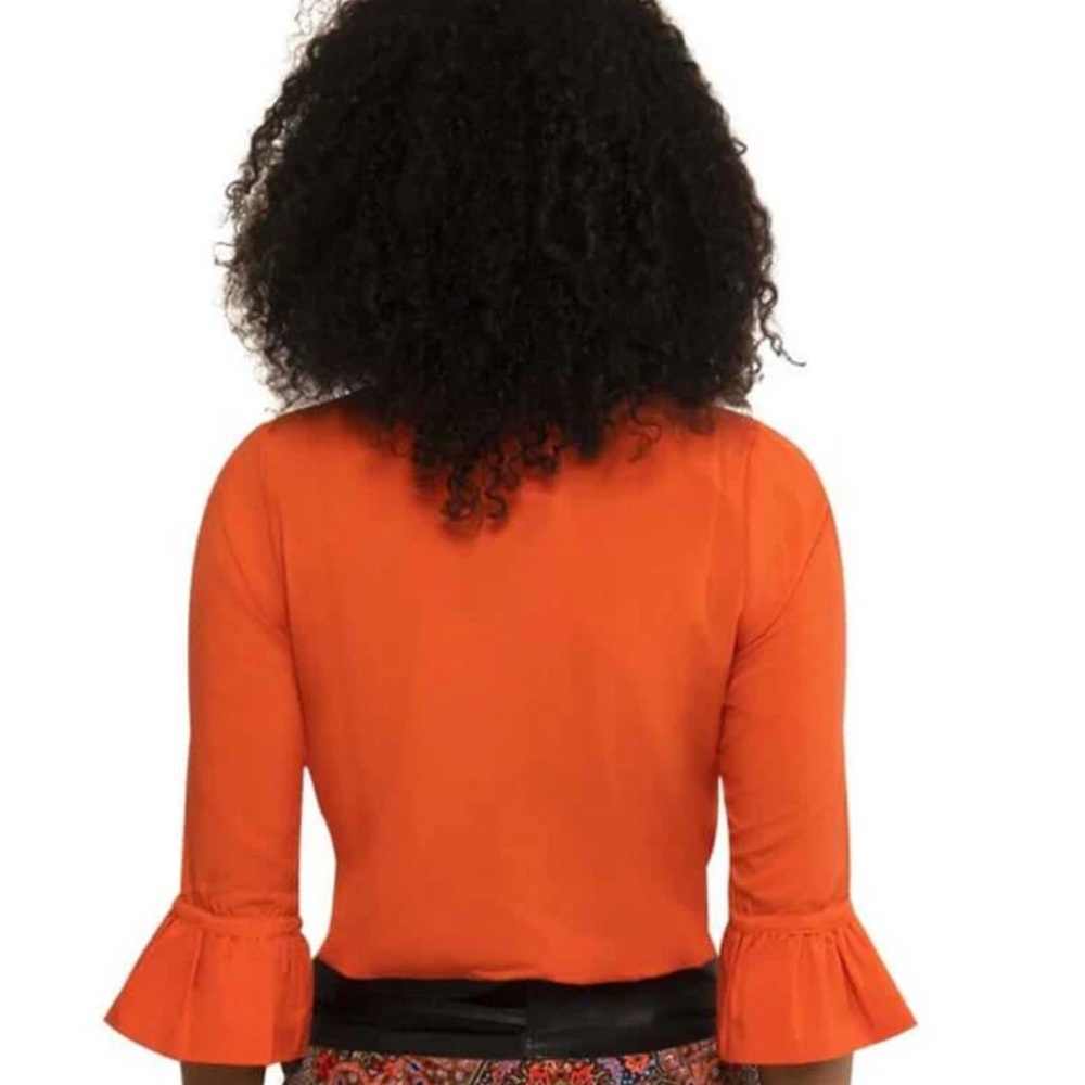 Gretchen Scott NWT Med. orange Blouse 3/4 Sleeves Semi Fitted Ruffled Cu… - Picture 4 of 10